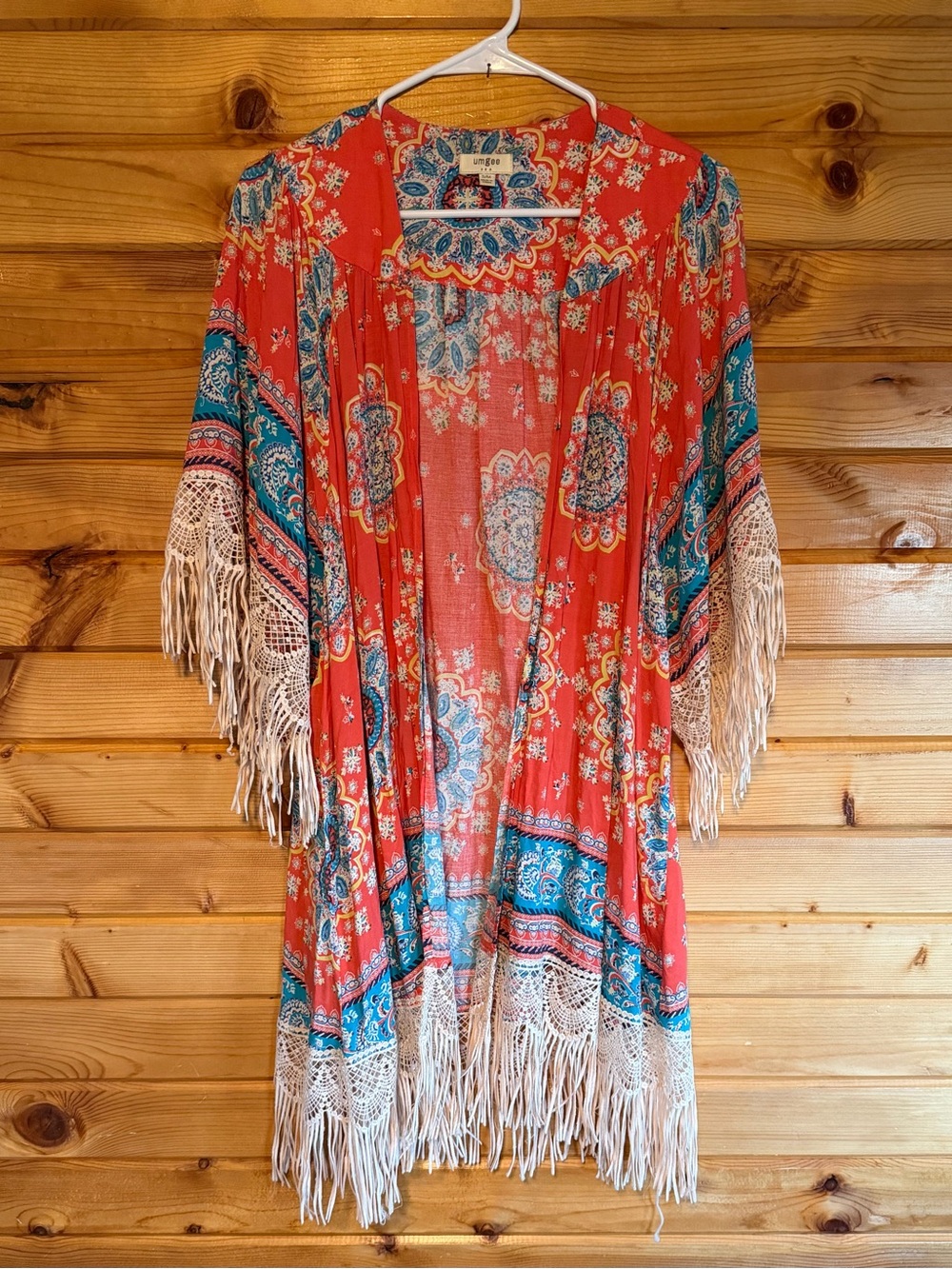 Umgee Coral & Teal Floral Fringe Kimono